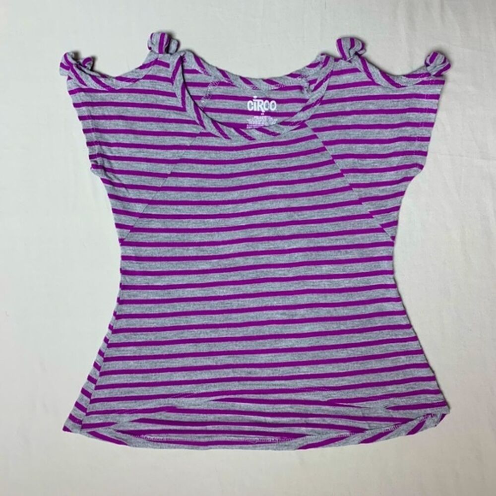 Gray & Purple Stripe Short Sleeve Tee Shirt Girls XS Cold Shoulder School